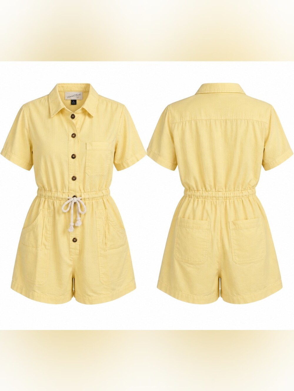 Universal Thread Yellow Linen Blend Utility Romper Button Front Drawstring M NWT
